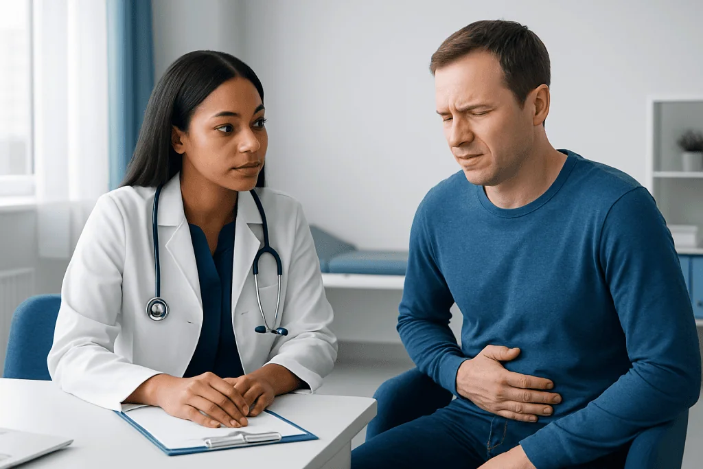 Doctor consulting with patient about stomach pain in clinic.