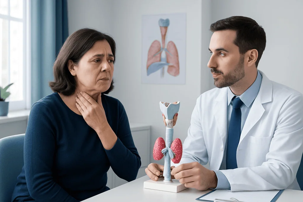 Doctor explaining trachea anatomy to a patient in a medical consultation.