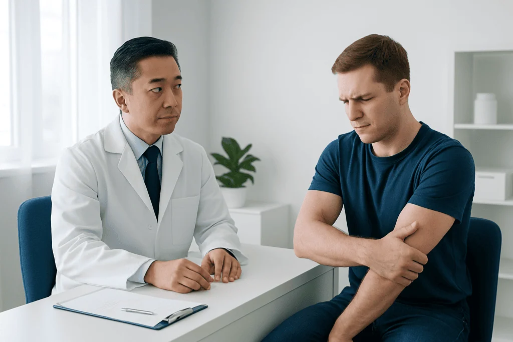 Doctor consulting with a patient about arm pain or injury.