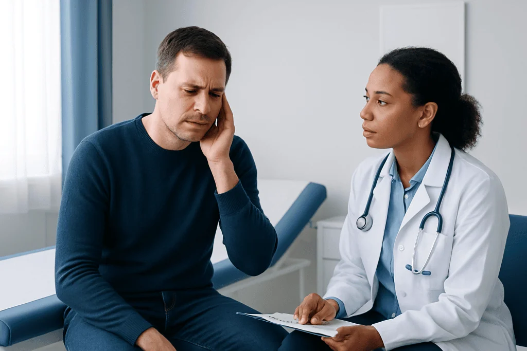 Patient experiencing ear pain during consultation with doctor.