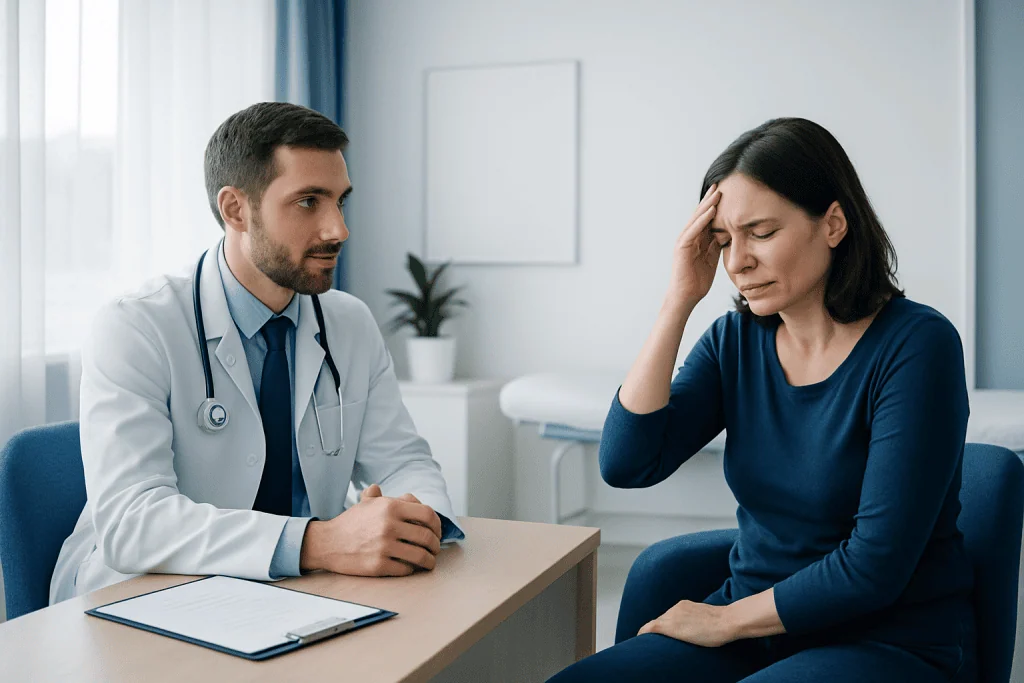 Doctor consulting with a woman patient in a medical office.