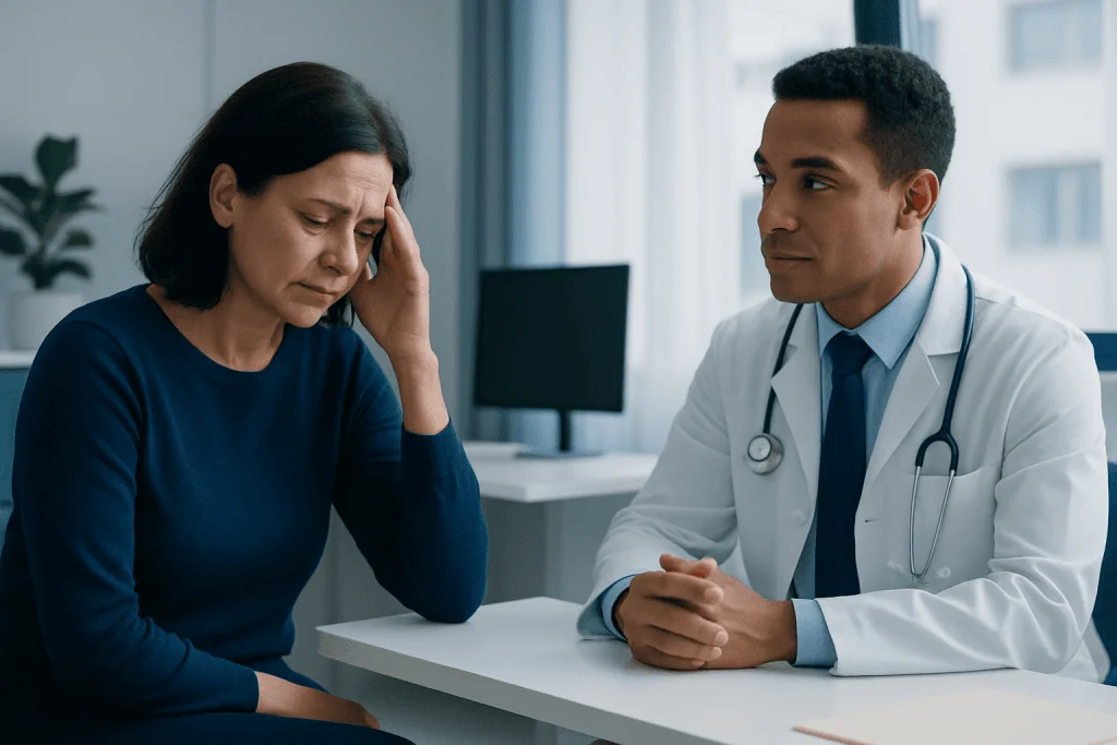 Doctor consulting with a worried female patient in a medical office.