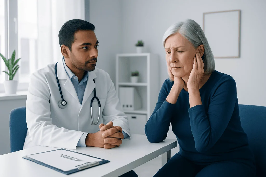 Doctor consulting an elderly woman about ear health in a clinic setting.
