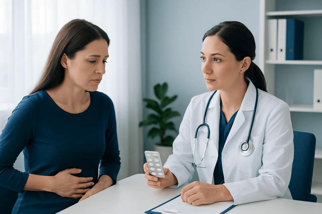 Doctor explains medication to patient in a clinical setting.