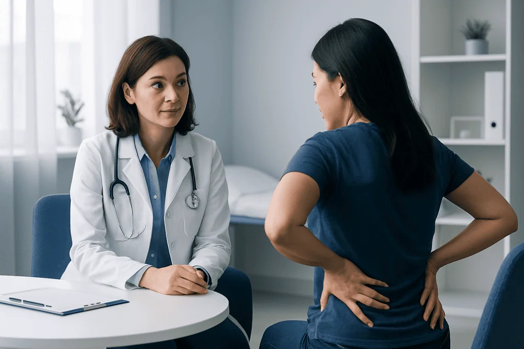 Doctor consulting with patient about back pain in a modern clinic setting.