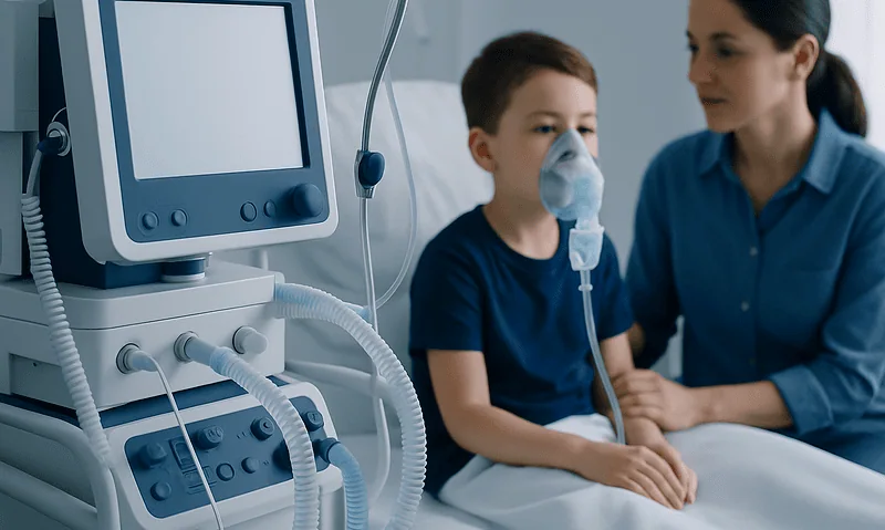 Child with respiratory issues receiving medical care in hospital.