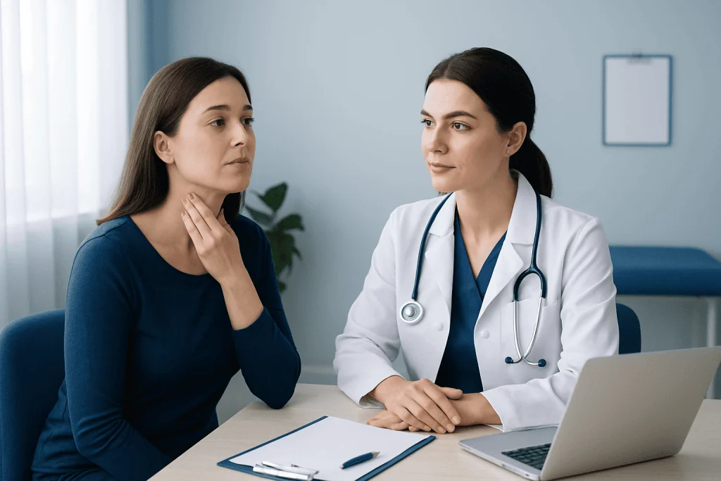 Doctor consulting with a patient about thyroid health in a medical office.