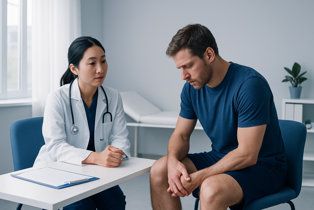 Doctor consulting with patient about knee injury in a medical office.