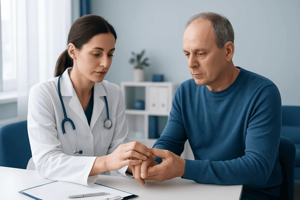 Doctor examining patient's finger for joint issues at Acibadem Hospital.