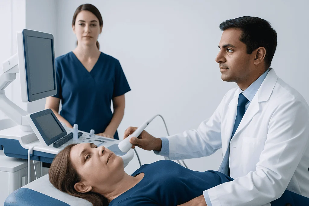 Doctor performing ultrasound on patient in hospital setting.
