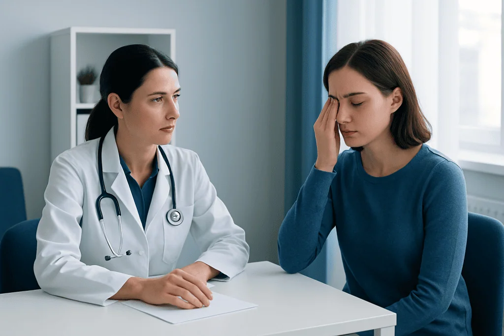 Doctor consulting with a patient about eye health and eyelid issues.