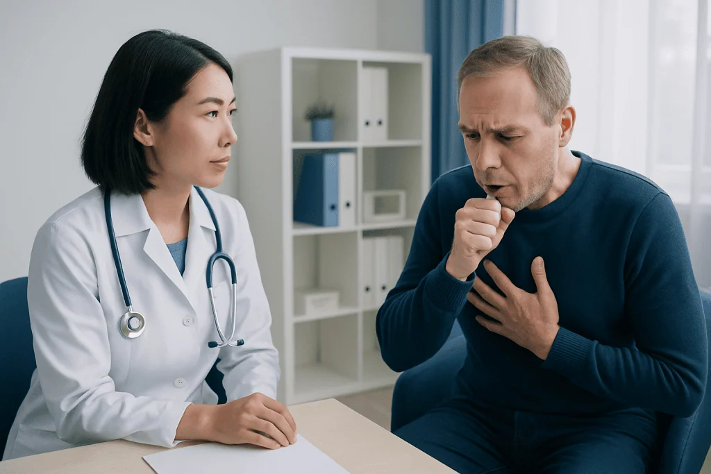 Doctor consulting with a patient about respiratory health in a clinic setting.