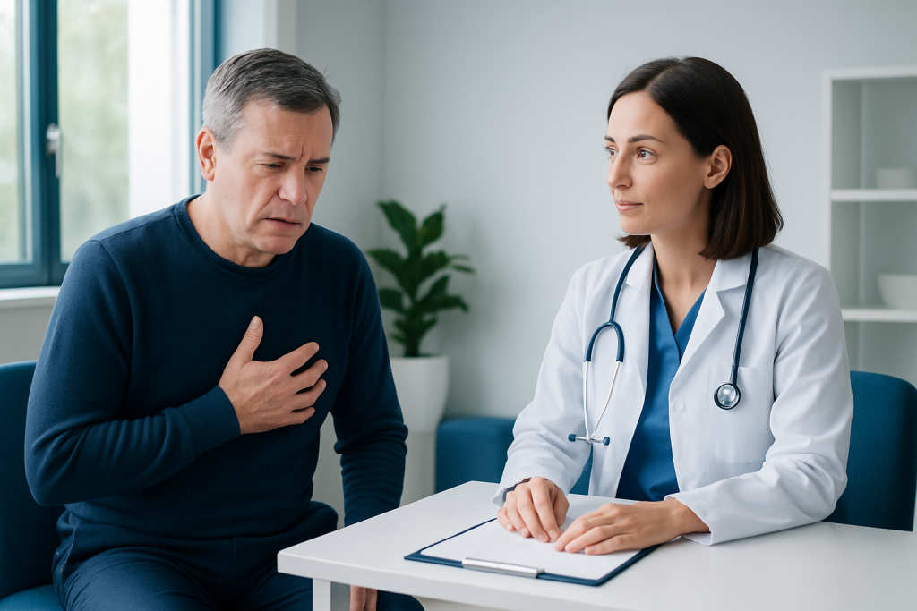 Patient experiencing chest pain consulting with doctor at Acibadem Hospital.
