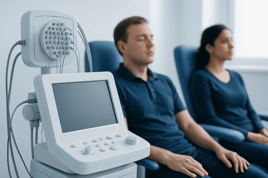 Medical examination with EEG device at a hospital.