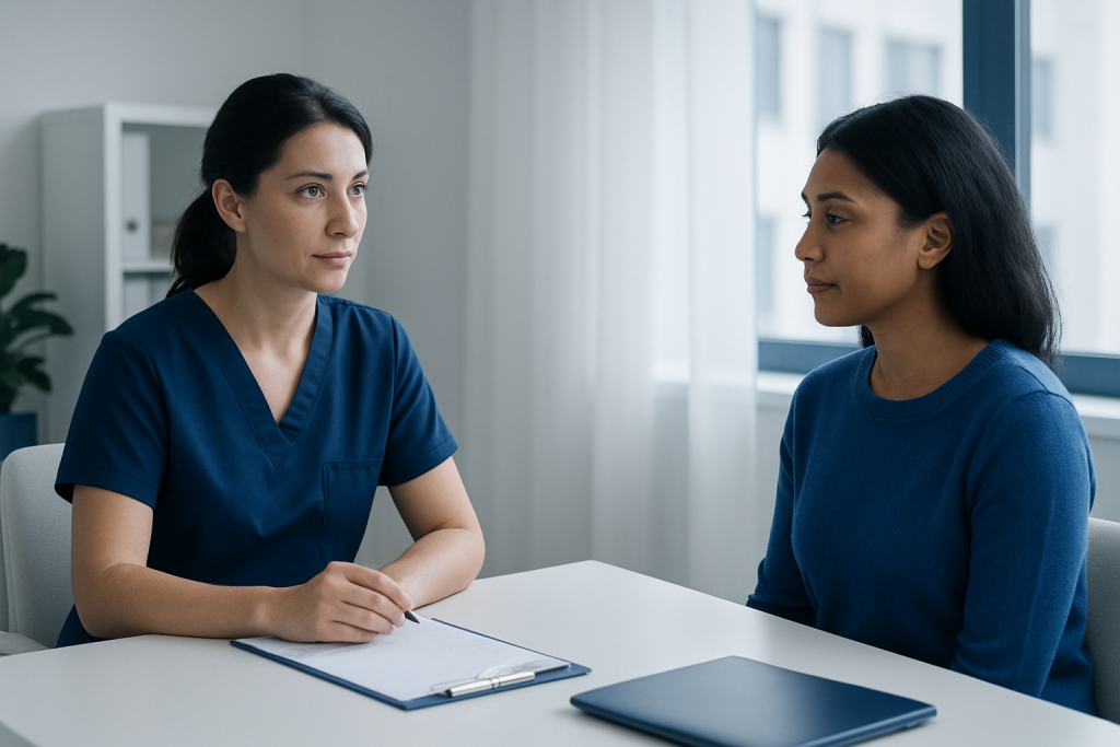 Medical consultation between healthcare professional and patient in a clinic setting.