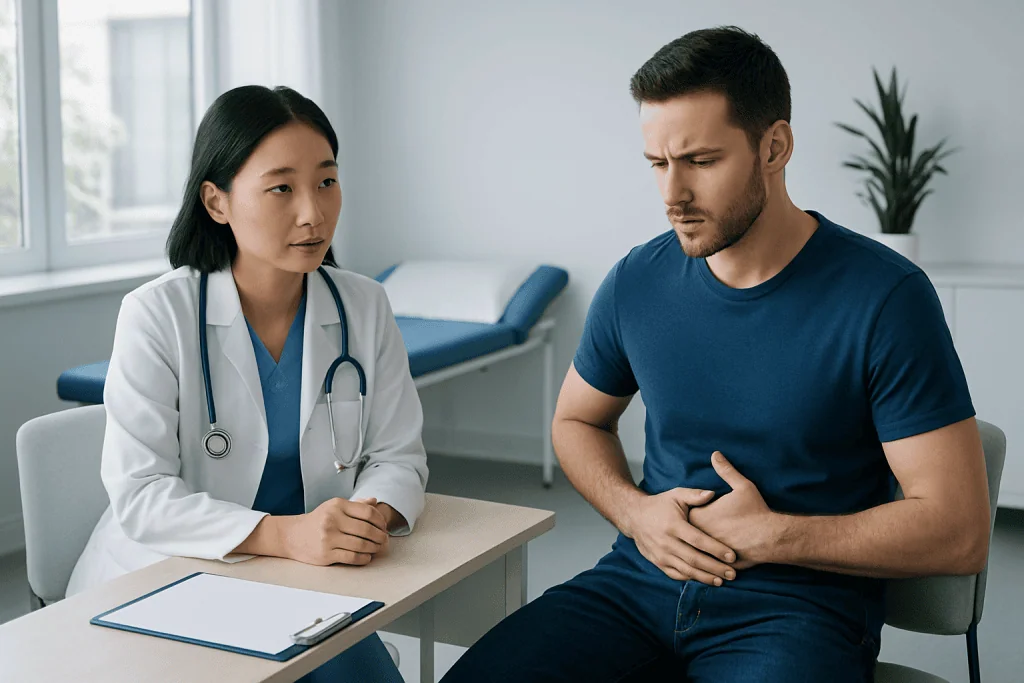 Doctor consulting male patient about health concerns in clinic setting.