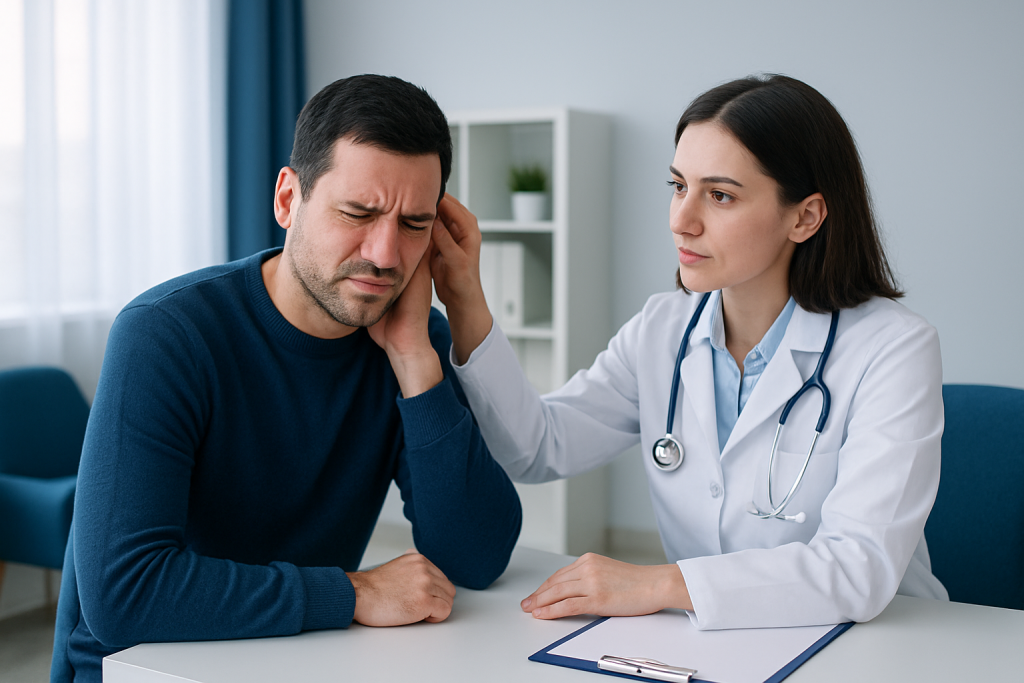 Doctor examines patient's ear for ear infection or pain.