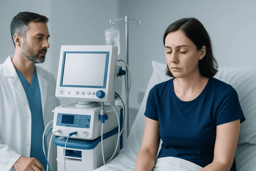 Patient receiving medical consultation in hospital room with monitor and medical equipment.