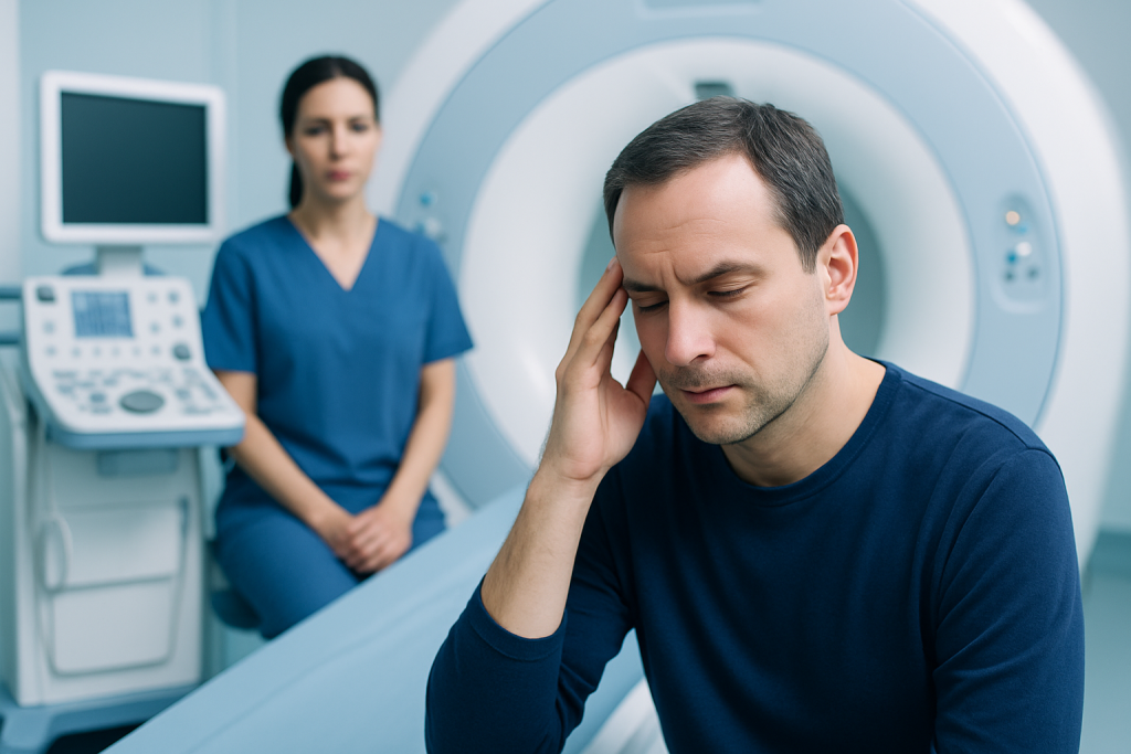 Man experiencing headache during medical MRI scan at Acibadem Hospital.