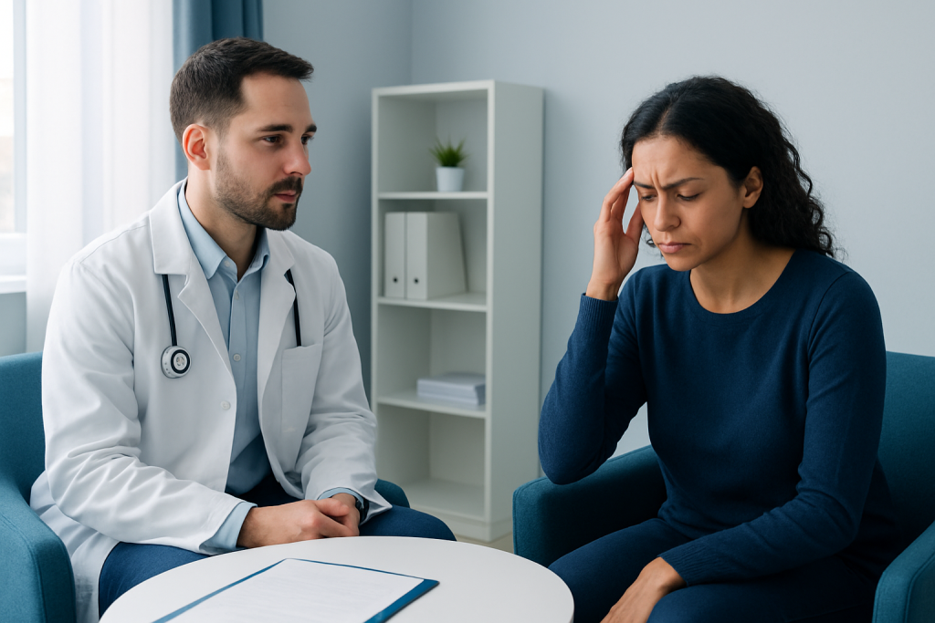 Doctor consulting with a woman patient in a medical office.