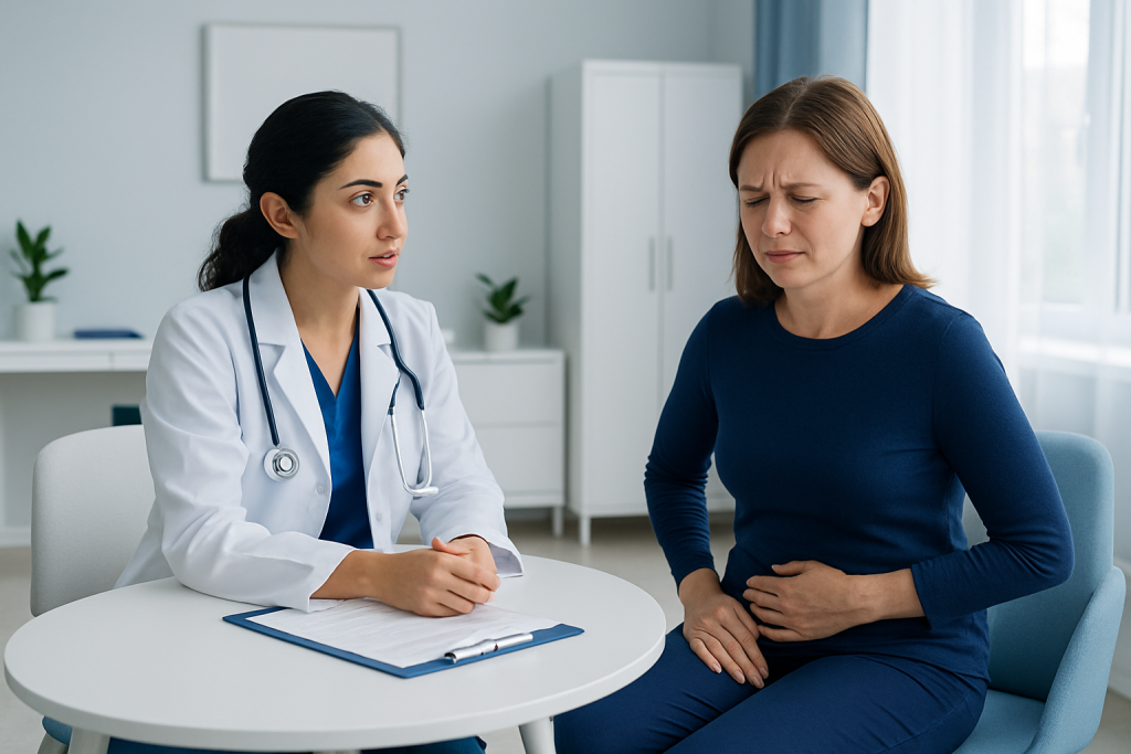 Doctor consulting with a patient experiencing abdominal pain in a medical office.