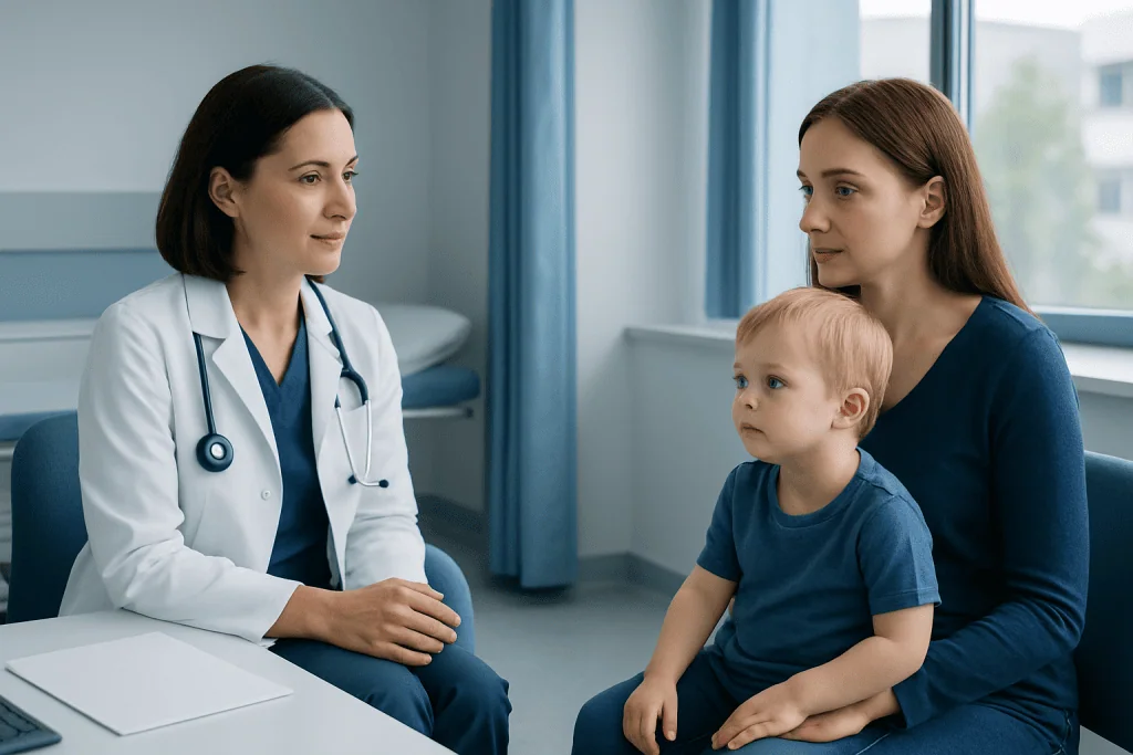 Pediatric consultation at Acibadem Hospital with doctor and mother.
