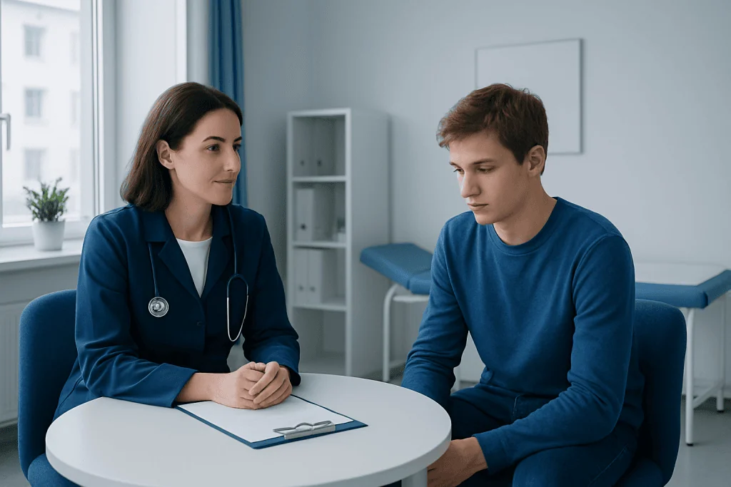 Doctor consulting with young male patient in a modern clinic.
