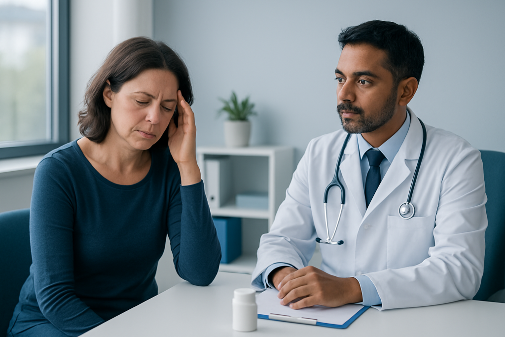 Doctor consulting with a woman patient in a medical office setting.