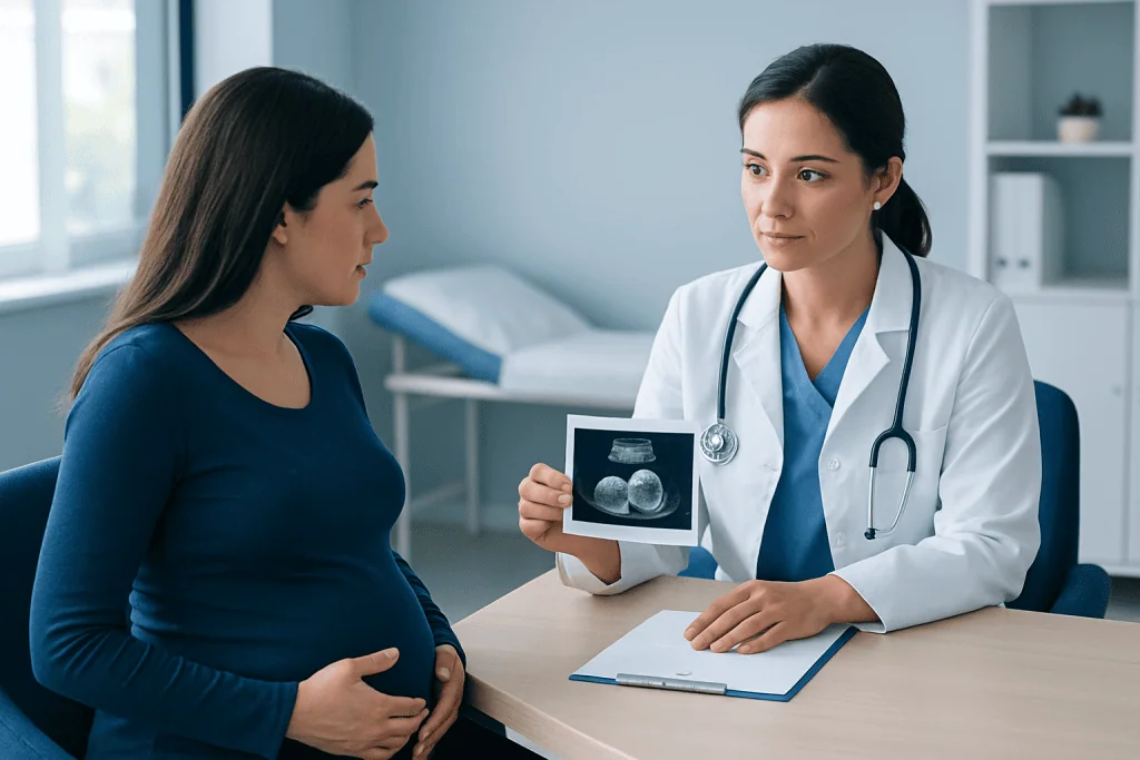 Doctor showing ultrasound image to pregnant woman in consultation room.