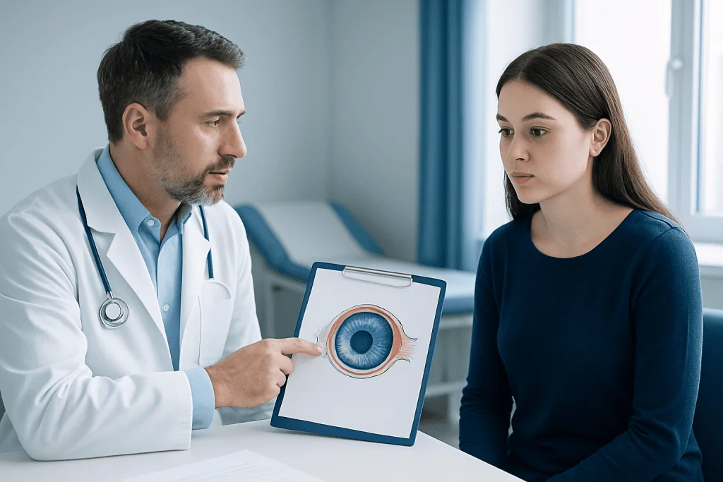 Ophthalmologist explaining coloboma to young patient with eye model.