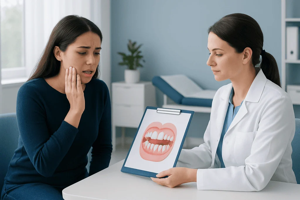 Patient consulting with dentist about dental health and hypodontia.