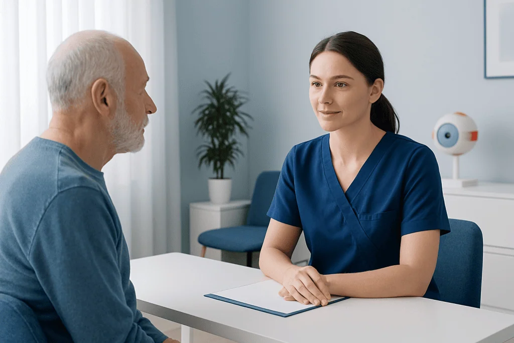 Optometrist consulting with elderly patient in a modern clinic.