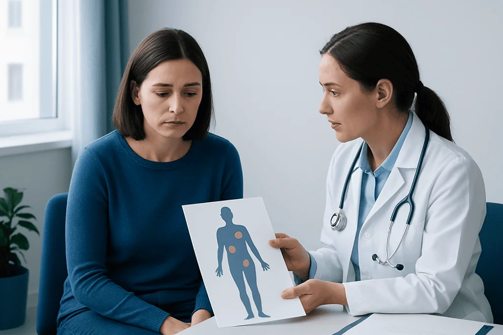 Doctor explaining multiple sclerosis diagnosis to patient with diagram.