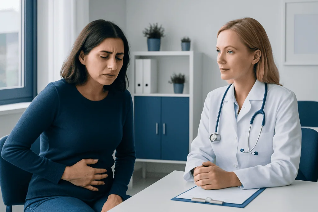 Doctor consulting with a patient experiencing abdominal pain in a medical office.