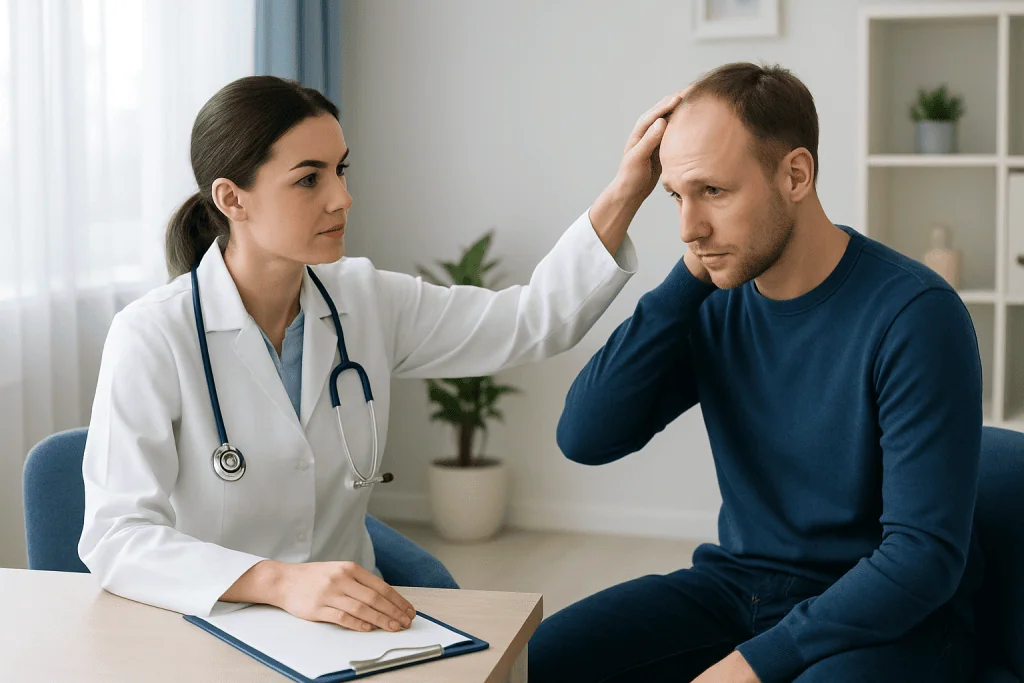 Doctor examining patient with head pain in a medical consultation room.