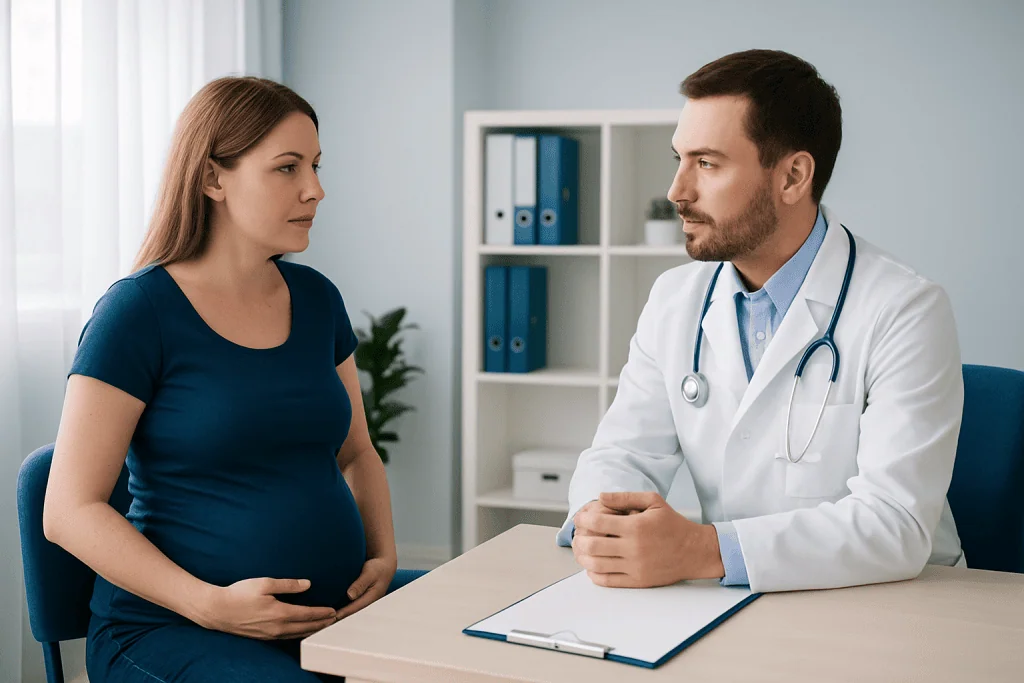 Pregnant woman consulting with a doctor in a medical office.
