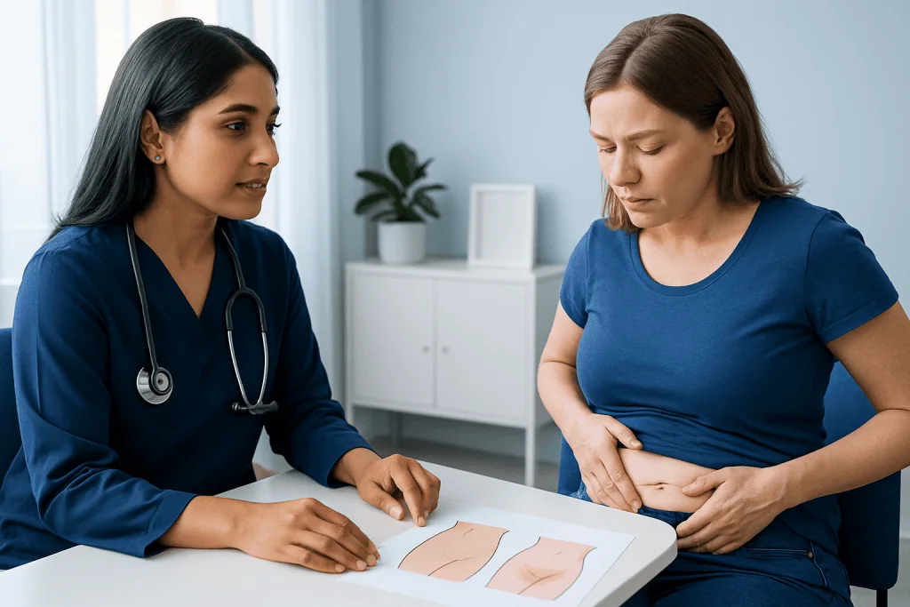Doctor explaining C-section scar to patient in consultation room.