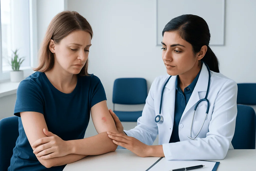 Doctor examines a patient's arm for mosquito bite treatment.