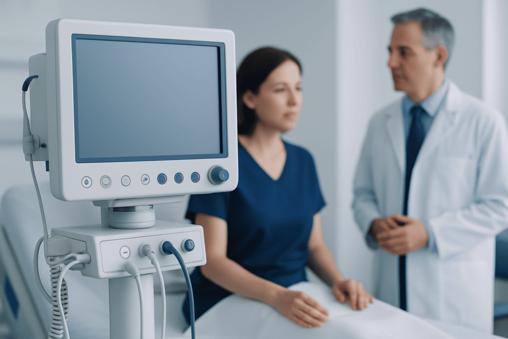 Doctor consulting patient in a hospital room with medical monitor nearby.