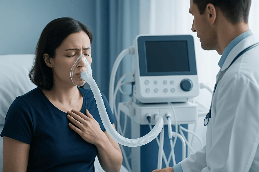 Patient with breathing difficulty connected to oxygen therapy in hospital.