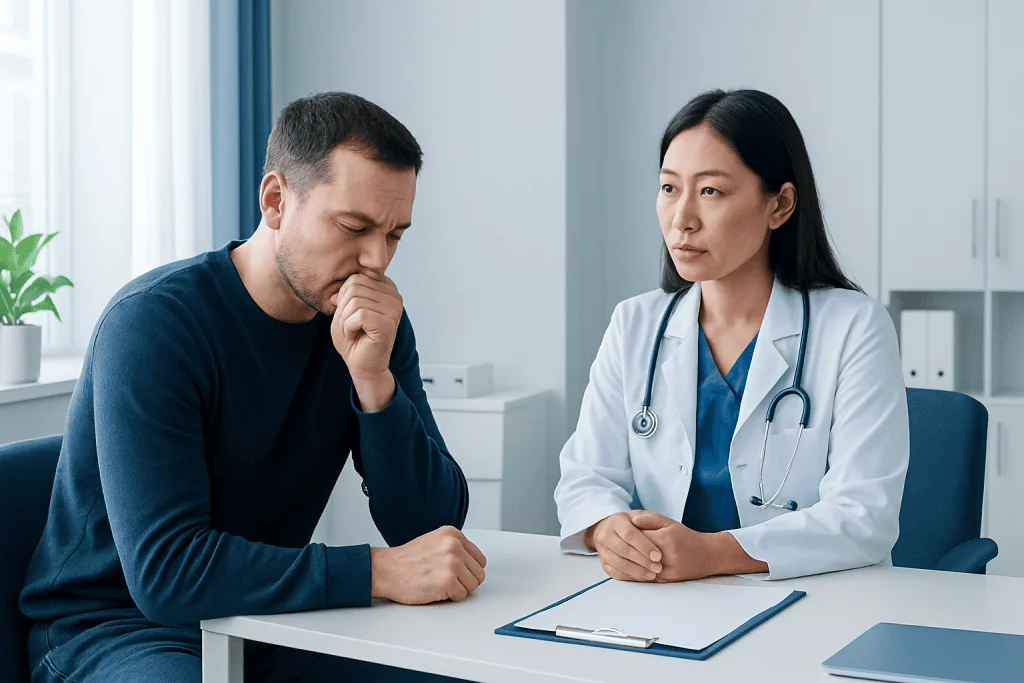 Patient consulting with a doctor about mucus symptoms in a medical office.