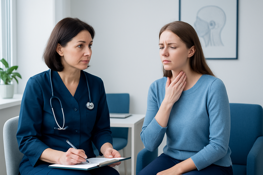 Doctor consulting with a patient about throat pain and tonsillitis.