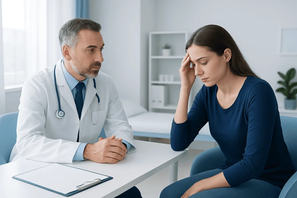 Doctor consulting with a young woman patient in a medical office.