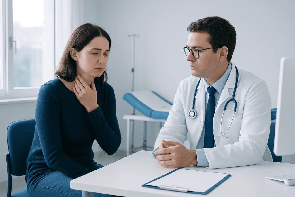 Doctor consulting with a woman patient in a medical office setting.