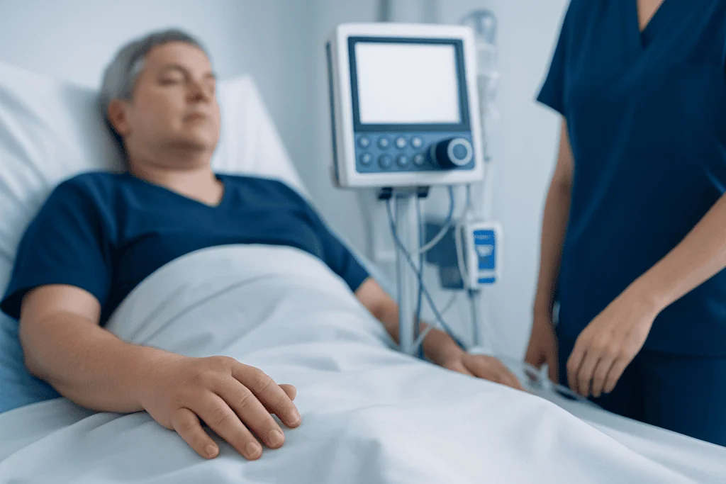 Patient in hospital bed with medical monitor and healthcare professional nearby.