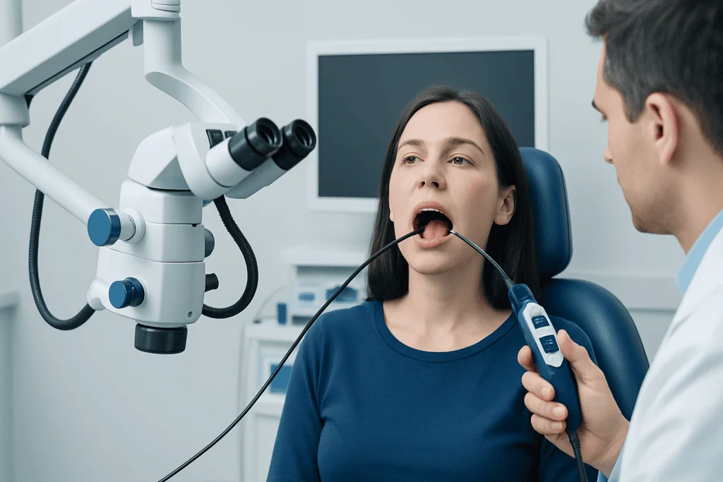 ENT doctor examines patient's throat with medical equipment in clinic.