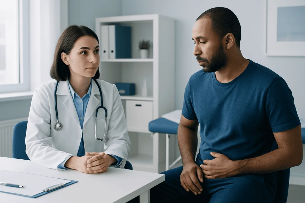 Doctor consulting male patient about health concerns in clinic.