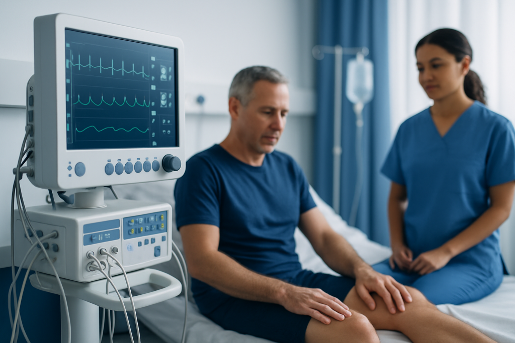 Doctor monitoring patient's heart on medical equipment in hospital.