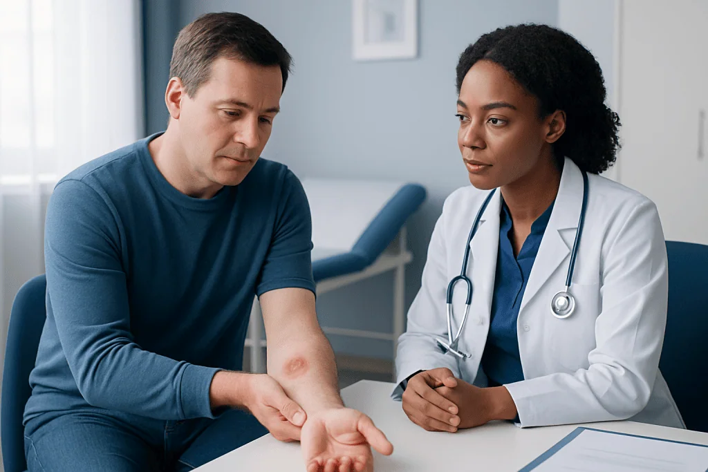 Doctor examining a patient's arm for bug bite symptoms at a clinic.
