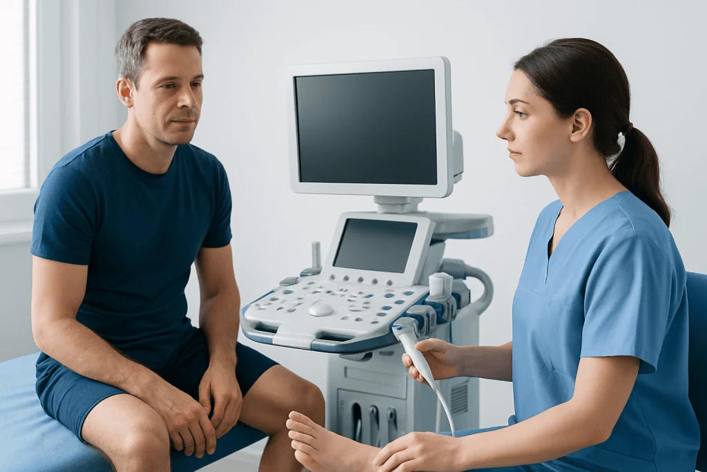 Doctor performing an ultrasound examination on a male patient in a medical clinic.